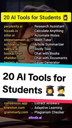 20 AI Tools All Students 👩‍🎓 Should Know: perplexity.ai → Research Assistant hissab.io → Calculate Anything otter.ai → Automate Lecture Notes stepwisemath.ai → Math Tutor scholarcy.com → Article Summarizer caktus.ai → Study Tool bookai.chat → Chat with Books chatdoc.com → Chat with Documents textero.ai → Essay Generator jenni.ai → Write Research Papers tome.app → Presentation Generator plaito.ai → Personal Tutor heyscience.ai → Research Assistant wisdolia.com → Flashcard Generator duolingo.com