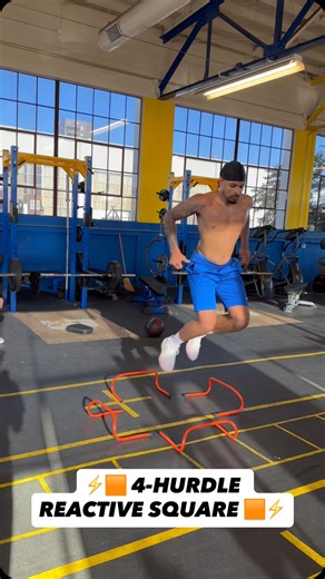 Body by G on Instagram: "⚡️🟧 4-HURDLE REACTIVE SQUARE 🟧⚡️ 🧪 Multi-directional reactive plyometric flow designed to challenge force absorption, redirection, and re-acceleration in all planes. Athletes move through a square pattern with constant changes in direction, rhythm, and ground contact demands. 🧬 Trains elastic energy return • braking → propulsion efficiency • lateral & linear deceleration • spatial awareness • nervous system reactivity — the physics behind cutting, defending, reacting
