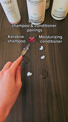 Skincare | Haircare | Makeup on Instagram: "Worst shampoo & conditioner pairings 🚫 1️⃣ Keratine shampoo + moisturizing conditioner Keratine builds up strength, while heavy humectants can overload hair, making it limp instead of smooth. 2️⃣ Clarifying shampoo + protein conditioner After strong cleansing, the cuticle is open – proteins may stick unevenly, causing stiffness instead of shine. 3️⃣ Scalp-balancing shampoo (anti-seborrheic) + heavy butter-based conditioner Light formulas balance sebum