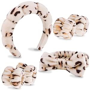 VELSCRUN 6 Pack Spa Headband, Makeup Headband, Face Wash Headbands, Skincare Headbands, Leopard Sponge Hair Band Bow Tie Spa Head Band for Washing Face Wristband Set Hair Accessories for Women Gifts