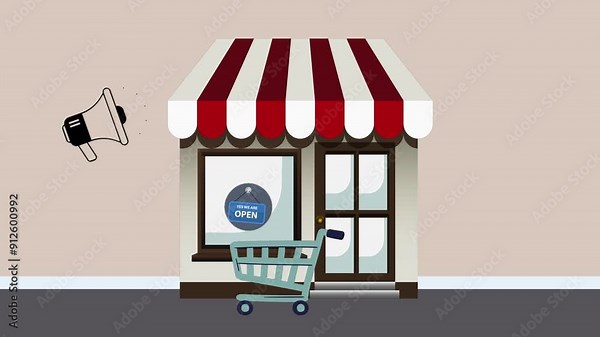 Animation of a small business storefront with a red and white awning, open sign, shopping cart, and megaphone.