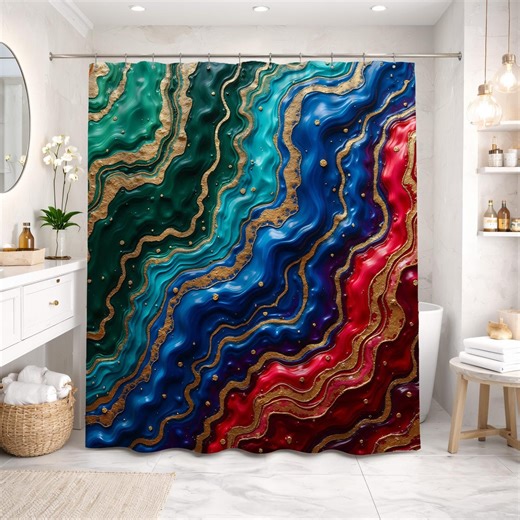 Abstract Shower Curtain Geode Resin Art Teal Blue Red Gold Maximalist Decor - Etsy