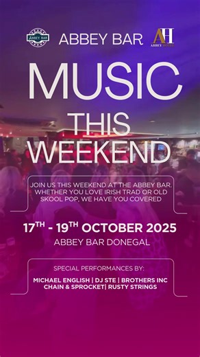 Live music all weekend at the Abbey Bar Donegal! 🎶 Whether you’re into Irish trad or old-school pop, we’ve got your weekend sorted 🍻 📅 17th–19th October 🎸 Friday: Patrick McMenamin (9.30pm) 🎻 Saturday: Michael English Trad Session (3pm) | Chain & Sprocket (9pm) | Brothers INC (11pm) | DJ Ste (1am) 🎤 Sunday: Rusty Strings (5pm) | Eardrums (8.30pm) 🔥 Free entry — all are welcome! #AbbeyBarDonegal #AbbeyHotelDonegal #LiveMusic #DonegalEvents #IrishTrad #WeekendVibes #CountryMusic #MichaelEng