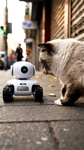 City Cat Freezes When Tiny Robot Blinks Near the Storefront
