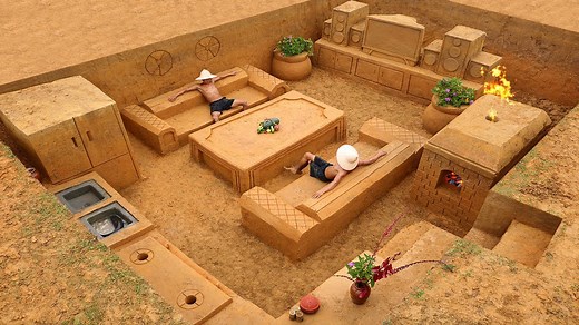 Building the most creative underground house with underground living room and kitchen