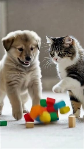 puppy stacking blocks while cat nudges them playfully