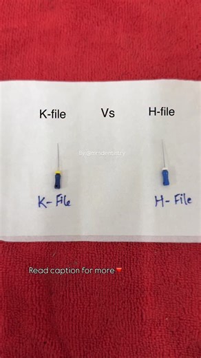 Dr. Zainab | Dentist 🦷 on Instagram: "🔹 K-File vs H-File (Pointwise) 1. Manufacturing✅ • K-File: Twisted from stainless steel wire • H-File: Machined (cut) from round wire 2. Cross-section✅ • K-File: Square / triangular • H-File: Circular core with sharp flutes 3. Cutting Action✅ • K-File: Cuts on push, pull, and rotation • H-File: Cuts only on pull stroke 4. Flexibility✅ • K-File: More flexible • H-File: Less flexible, rigid 5. Cutting Efficiency✅ • K-File: Moderate • H-File: Very high (aggre