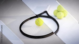 A 3D render of tennis balls and a tennis racket, with a moving glass panes effect.