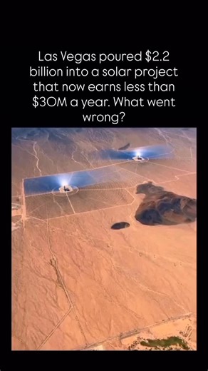 Gustavo | Elite Mindset on Instagram: "A $2.2 billion solar mega-project, 170,000 mirrors, a massive footprint in the desert - and yet, the Ivanpah Solar Generating Station ended up producing far less value than expected. Steam boilers on tower tops, constant maintenance, and a design that was outdated almost as soon as it launched... all while solar panels got cheaper every year. Ivanpah became a case study in what happens when engineering ambition outpaces economic reality: a groundbreaking id