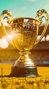 Gold champion trophy, Golden trophy with falling golden confetti, Victory concept Golden sports cup. Winning first place prize in stadium copy space 4k EUFA The UEFA European Football Championship