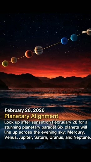🌍✨ Planetary Parade — February 28 ✨🌍 On the evening of February 28, just after sunset, skywatchers will be treated to a spectacular sight — six planets lining up across the western sky: Mercury, Venus, Jupiter, Saturn, Uranus, and Neptune. 🌟 Easy to spot with your eyes: Venus, Jupiter, Saturn (Mercury may be harder to see because it stays low near the horizon) 🔭 You’ll need binoculars or a telescope for: Uranus and Neptune The planets will appear closest together on February 28, but you can 
