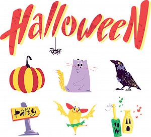 Vector flat cartoon illustration with Halloween funny characters,...