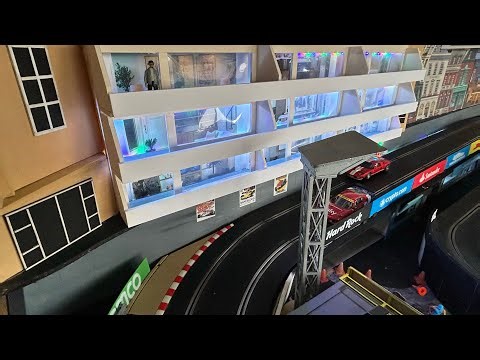 Probably my best foamboard scratch build, trackside apartments on the Scalextric slot car layout