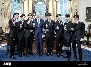 President Joe Biden records a digital video with the K-pop singing group BTS on Tuesday, May 31, 2022, in the Oval Office of the White House.  (Official White House Photo by Adam Schultz Stock Photo - Alamy