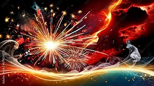 Festive video of the movement of exploding fireworks, stars, splashes, sparks and bright lines of lights with smoke from a red fireworks explosion against a black sky