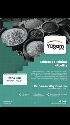 Nature club of kct on Instagram: "Turn healthy millets into smart business ideas 🌾✨ Join the Millets to Millions workshop and explore food entrepreneurship, green business opportunities, and government support for startups. Learn, create, and get inspired to build sustainable ventures! 📅 Date :- 27 February 2026. ⏰Time :- 9:00 AM – 4:30 PM. 📍venue :- Downstream processing lab , Admin block. 💰 Registration fee :- 400 Registration link :- https://yugam.in/w/Nature Contact :- Sadhana Sri D 📞 9