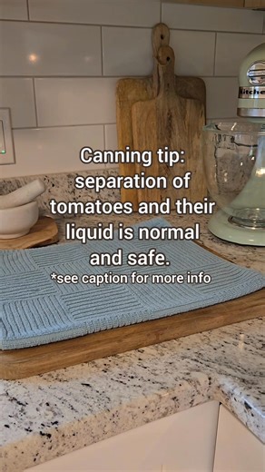 Separation is caused by an enzyme found in tomatoes. The enzyme is activated when tomatoes are cut. Working in batches, cutting and heating small amounts quickly, can help reduce separation. Personally I don't mind the separation, a good shake right before opening mixes everything together again. #canningseason #preserve #canningtips #kitchenfun #growtomatoes | Wild Haven Farm