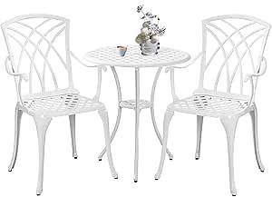 White Bistro Table and Chairs Set of 2, Cast Aluminum White Bistro Set Outdoor, Patio Bistro Sets with Umbrella Hole, Round Back Yard Set for Porch Balcony Garden