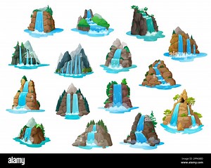 Waterfall and water cascades, game asset for cartoon levels, vector GUI nature landscape. Waterfall and cascades from mountain river or island rock hi Stock Vector Image & Art - Alamy