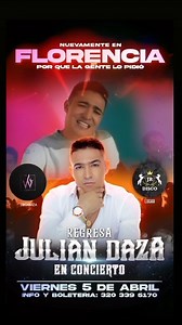 Nuevamente porque Florencia lo pidió JR DISCO trae al que está de moda… JULIAN DAZA y su banda con sus nuevos éxitos este 5 de abril. Palcos a precios muy asequibles para 10 personas ¡no te los puedes perder! Info y boletería al: 320 339 5170 Patrocinan Aguardiente Extra Ron Viejo de Caldas Mansión Monastery | Lente Regional | Facebook