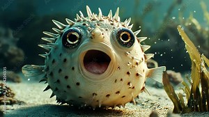 Close up of a spiky pufferfish with its mouth open wide, against a blurred background of water and plants.