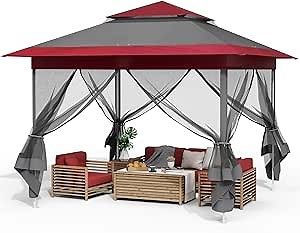 Arlopu Pop Up Gazebo Tent, Outdoor Instant Canopy, Easy Set-up Folding Shelter with Netting, Metal Frame, Screened House Shade Vented for Patio, Lawn, Party, Backyard, Garden (Burgundy, 11FT×11FT)
