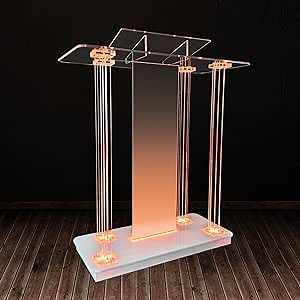 Church Pulpit with Wheels,Church Podium with Led Light,Acrylic Podium with Vertical Reading Platform, 46”Elegant Transparent Lecterns for Churches, Classroom,Wedding
