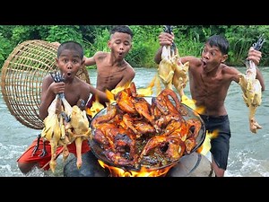 Eating chicken, cooking recipe food | Primitive technology