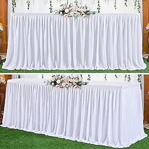 PARTISKY White Polyester Table Skirt for Rectangle Tables 17f, Wrinkle Resistant Pleated Ruffle Table Cloth for Birthday Party Banquet Wedding Baby Shower