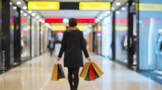 Female Shopper Carrying Bags in Modern Retail Mall Boulevard with Colorful Lighting and Storefronts
