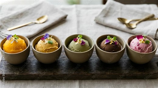 Five small bowls hold sorbet desserts. Each bowl has a unique color. Vibrant hues fill the frame. Tiny flowers garnish the tops. Gray napkin with one spoon rests behind. This setup looks professional