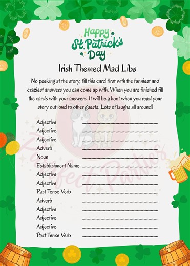 St Patricks Day Funny Mad Lib Game, Editable Canva 5x7 Party Game for Guests, Printable St Patty Party Icebreaker - Etsy