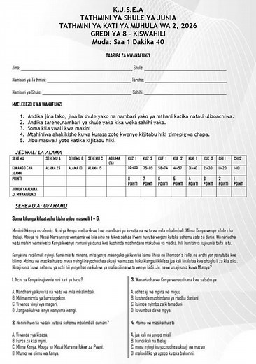 Grade 8 Kiswahili Paper 1 Mid Term 2 2026 Exam