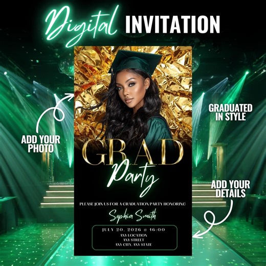 Green Grad Party Ecard Invitation - Digital Graduation Invite for Women - Editable Text Invite - Instant Download - Etsy