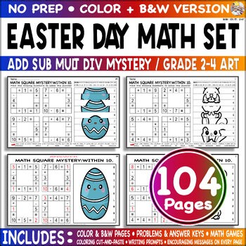 Easter Day Mixed Add Sub Mult Div within 10 Grade 2 3 4 Math Mystery Code Color