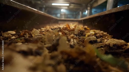 Medium shot inside an invessel composting unit showing controlled organic waste breakdown in a closed system.