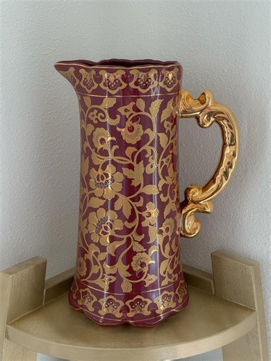 Vintage Burgundy and Gold Decorative Porcelain Pitcher Vase - Etsy
