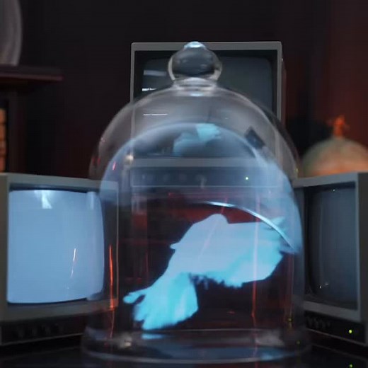Phone-size friendly repost. In this experiment, video of a candle flame travels between three monitors and a bell jar as a #PeppersGhost reflection illusion while video of a dove also moves from a monitor into the bell jar. #avart #audiovisualism #realtime #synthesizer #newmediaart #television #art #videoart #vdmx5 #vintage #experiment #VDMX #dove #candle #flame | Ellingson