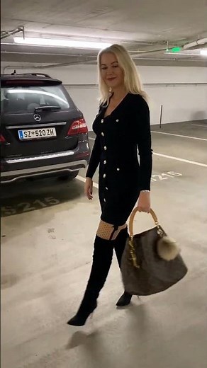 Carpark Walk in Louboutin High Heel Boots, Nylon tights and Minidress - #shorts