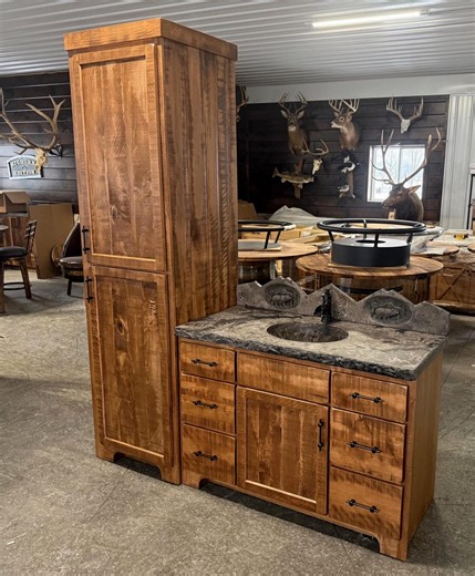 Rustic Maple Vanity with Concrete Countertop and Linen Closet