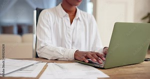 Typing, laptop and business person with paperwork at desk for project proposal, feedback or email client. Computer, notary and employee for report, legal documents or review affidavit in office