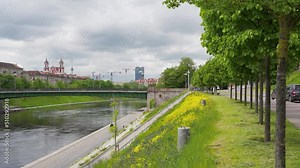Vilnius, Lithuania – 29 May 2022. City center in Vilnius during summer time. Neris River with yellow field flowers blooming on the riverbank. 4K vide clip
