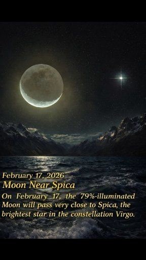 🌙✨ February 17 — Moon Meets Spica On February 17, the Moon — about 79% illuminated — will pass very close to Spica, the brightest star in the constellation Virgo. 🕛 Closest approach: 12:01 GMT 📏 Separation: Just 0°18′ — an extremely close pairing in the sky Spica, shining at magnitude 1.2, will appear as a bright point of light next to the glowing gibbous Moon. The contrast between the steady star and the luminous Moon will create a striking and easy-to-spot sight. You can see this event with