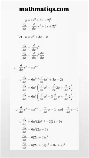 Chain Rule of Differentiation || Derivative of (x^2+3x+2)^6 #shorts #maths #mathmatiqs
