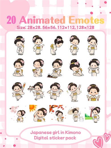 20 Animated Japanese Girl Emotes GIF Pack: Kimono Chibi Pack (Digital Download)