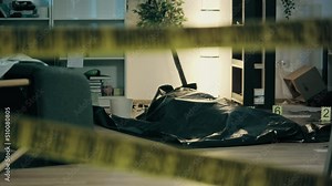 Dead body on floor in plastic bag, evidence marks in messy room, murder scene