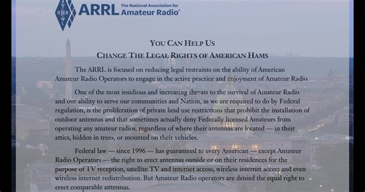 ARRL has launched a nationwide grassroots campaign aimed at securing the passage of federal legislation that would grant Amateur Radio Operators the same rights to install antennas on their property as those enjoyed by users of TV antennas, wireless internet, and flagpoles Send your letter now: 🔗: http://www.arrl.org/HOA #hamradio #amateurradio | ARRL The National Association for Amateur Radio