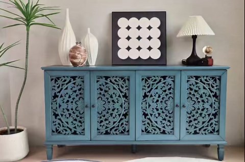 Sideboard Buffet Credenza Cabinet, 4-Door Hollow-Carved Accent Buffet, 60" Large Vintage Distressed Sideboard Storage Cabinet for Kitchen, Living Room,Entryway, Blue