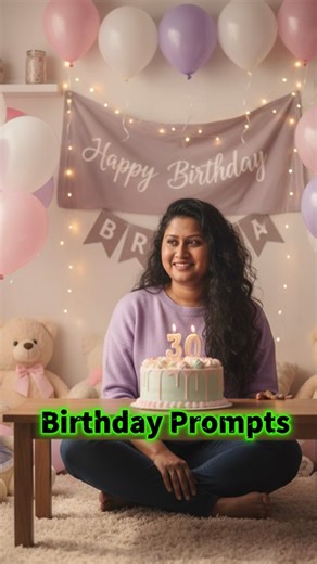 Birthday Shoot Prompts 🤩🤩 You can add you'r age to these prompts 01. Create an ultra-realistic indoor birthday photoshoot scene using the uploaded image as the reference. Keep the girl’s real face, hair, skin tone, and facial expression exactly the same. Transform the image into a beautifully lit studio birthday shoot filled with soft pastel decorations — pink, cream, and gold balloons, fairy lights, and a stylish birthday backdrop. Add a birthday cake with candles on a modern table, subtle co