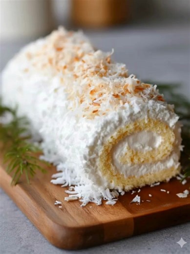 Coconut Cake Roll Fluffy Coconut Cream Swiss Roll Ingredients: For the Sponge Cake: 4 large eggs, room temperature 3/4 cup granulated sugar 1 teaspoon vanilla extract 1/4 cup coconut milk 1 cup all-purpose flour 1 teaspoon baking powder 1/4 teaspoon salt For the Coconut Cream Filling: 1 cup heavy whipping cream 3 tablespoons powdered sugar 1/2 teaspoon coconut extract 1/4 cup shredded sweetened coconut For Topping: 1/2 cup toasted coconut flakes Powdered sugar for dusting Directions: Preheat ove